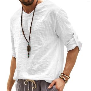Camisas casuais masculinas linho de algodão Men primavera de manga longa roll up camisa slim design simples blusa sólida solta camiseta bonita