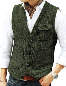 Herrvästar Män affärsdräkt Vest Herringbone Tweed V Neck Formell väst för bröllopsdräkt eller smoking 230217