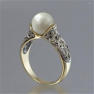 Wedding Rings Engagement Vintage 14K Yellow Gold Plated Jewelry White Pearl Ring