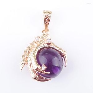 Pendant Necklaces RONGZUAN Natural Amethysts Stone Round Ball Bead Dragon Claw Crystal Reiki Chakra Necklace 18" Chain Jewelry TN3104