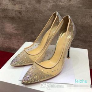 Hoge kwaliteit The New Fashion Sexy Women Pumps Peep Toe Crystal Buckle Strap Party Wedding Shoes Golden Air Mesh See-Through Ankle 2010