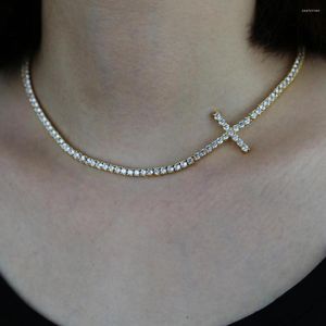 Chains Hip Hop Fashion Iced Out Tennis Chain Sparking Bling Cubic Zirconia Sideway Cross Charm Necklaces Women Jewelry Wholesale