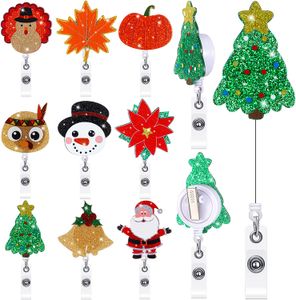 10 Pcs/Lot Key Ring Christmas Retractable Nurse Bling Glitter Holiday Badge Reels Cute Acrylic Id Name Badge Holder with Alligator Clip for Office Nurses Doctors