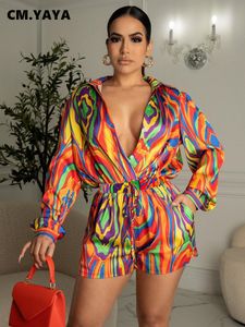 Kvinnors tvådelade byxor CM.Yaya Casual Tie Dye Printed Women's Set Lapel Long Sleeve Shirt Topps and Shorts Passar Two 2 Piece Set Female Tracksude Outfits 230217