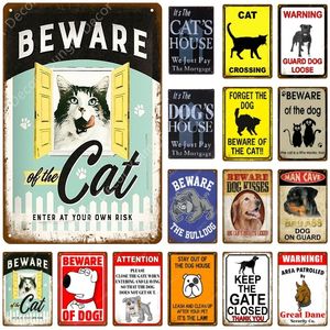 Warning Danger art painting Metal Signs Beware Of The Dog Cat Poster Vintage Wall Plaque Pub Bar House Painting Man Cave personalized Decor size 30X20CM w02