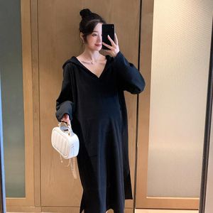 Maternity Dresses 2023 Pregnant Women Hooded Dress Spring Long Sleeve Cotton Side Split Irregular Clothes Woman Loose
