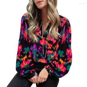 Kvinnors blusar Fashion V-ringning Lantern Long Sleeve Tops Chiffon Blue 2023 Produkter Färgglada trycktröja Bluson Mujer de Moda 24752