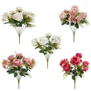 Decorative Flowers 9 Heads Rose Bouquet Lifelike Artificial Fake For Wedding Party Home Living Room Table Decoration
