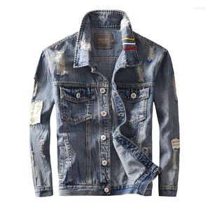 Men's Jackets Street Style Fashion Men Jacket Retro Gray Blue Embroidery Designer Destroyed Ripped Denim Hip Hop Cotton Coats