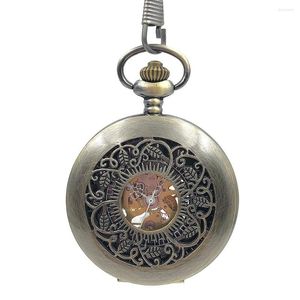 Pocket Watches Wind Up Mechanical Skeleton Steampunk Bronze Tone Hollow Case Mens Watch Black Dial W/Chain Relogio De Bolso Nice Gift