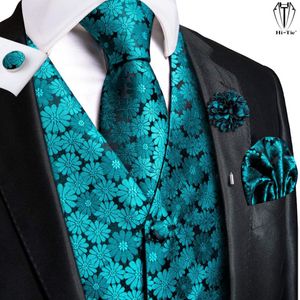 Mäns västar Hi-Tie High Quality Silk Mens Vests Teal Floral Jacquard Waistcoat Tie Hanky ​​Cufflinks Brosch Set For Men Pass Wedding Office XL 230217