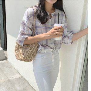 Kvinnors blusar knappar Cardigan Purple Plaid Girls Shirt Summer Femme Casual Loose Women Linen Bomullsblus