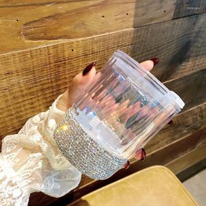 Vinglas med strass glass kopp med lock hemma transparent mjölksaft vatten flaska teddryck set efterrätt container frukost kaffegåva