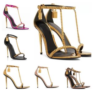 23S Luxury Padlock Pointy Naked Sandals Shoes Women Lock & Key Metal Stiletto Heels Gold Chain Link Sexy Lady Party Wedding Dress Shoe EU35-43 Original Box