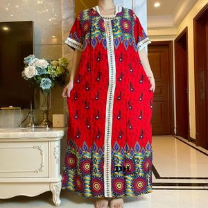 Ethnic Clothing 2023 Arrival Short Sleeve Abaya African Dashiki Floral Print Lace Belt Cotton Caftan Lady Summer Maxi Casual Dresses