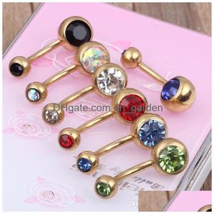 Navel Bell Button Rings Anodized Gold Double Gem Body Jewelry Mixed 10 Colors Belly Ring 100Pcs/Lot Drop Delivery Dhgarden Dhcq2