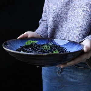 Bowls Japanese Ceramic Noodle Pasta Bowl Large Soup Plates Creative Drak Blue Color Porcelain Tableware Salad Dish Kitchen Dinnerware