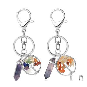 Nyckelringar Natural Stone Tree of Life Fluorite Hexagonal Prism Keychains Healing Rose Crystal Car Decor Keyholder For Women Carshop20 Dhuw6