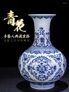 Vasos Jingdezhen Cerâmica Arranjo de flores antigas pintado à mão Blue e branco Vaso de porcelana Decoração da sala de estar da sala