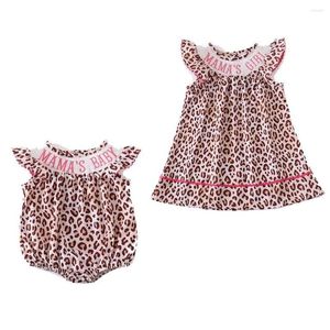 Bil DVR -kläder sätter Girlymax syskon sommar baby flickor vävda smockade klänningar tryck ruffles romper regnbåge leopard vattenmelon barn släpper dhlby