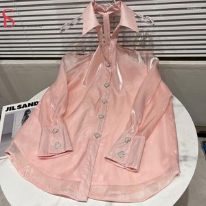 Women's Blouses Sping And Autumn Women Love Rhinestone Buckle Strapless Buttons Design Glass Silk Shirt Tops