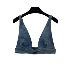 Canotta da donna in denim con magliette firmate da donna con distintivo a triangolo in metallo sexy top con imbracatura a V profonda abbigliamento donna