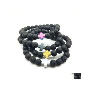 Charm Bracelets Fashion Natural Black Lava Stone Cross Bracelet Aromatherapy Essential Oil Diffuser For Women Men Drop Delivery Jewel Dhlkj