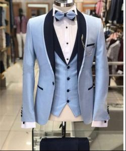 Brand New Light Blue Groom Tuxedos Black Shawl Lapel Groomsmen Mens Wedding Dress Style Man Jacket Blazer 3 Piece Suit Jacket Pants Vest Tie 883