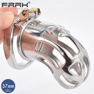 FRRK Large Male Chastity Device Cock Cage Metal Bondage Belt Scrotum Groove Lock Penis Rings Fetish Lockable sexy Toys for Men2150