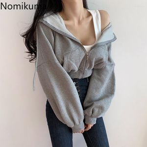 Kvinnors hoodies nomikuma huvtröja kvinnor zip-up långärmad avslappnad beskuren toppar kvinnliga fasta färgfickor Lossa koreansk sweatshirt 3D734