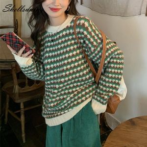 Kvinnor tröjor skallsunning koreansk vintage lös all-match stickad tröja kvinnor avslappnad o-hals lång ärm varm pullover kvinnlig rutig hopp