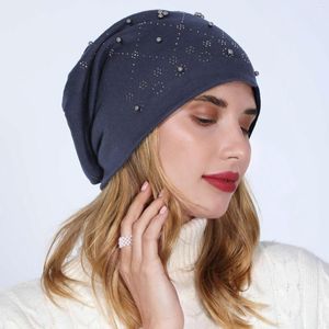 Berets Double Layer Cotton Drilled Beaded Pullover Hat Womens Winter Warm Knitted Wool Ski Sun