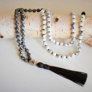 Naszyjniki wiszące Mala 108 Netkted White Howlite Mat Black Onyx Naszyjnik Męsak Bohemian Tassel Buddha Prezent dla mężczyzn