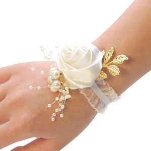 Acessórios de pulseiras de charme Flores de rosa de fita de poliéster Flores de noiva BrideSaid Bracelete de casamento