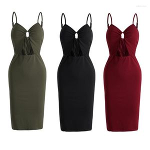 Lässige Kleider Damen Sexy V-Ausschnitt Midi-Cami-Kleid Einfarbig knielang ärmellos Bürodame gerafftes Bandage-Ausschnitt-Sommerkleid