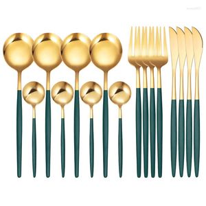 Dinnerwarensätze 16pcs Edelstahl Besteck grün Gold Silber Set Forks Messer Spoons Tischware für das Restaurant Tropfen