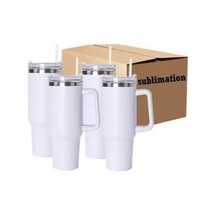 Süblimasyon Boşlukları Sap ve Saman Kapaklı 40oz Tumbler Yalıtımlı Yalıtımlı Çift Duvar Paslanmaz Çelik Seyahat Kupa Su Şişesi Kahve Bardağı DIY Baskı SS0218