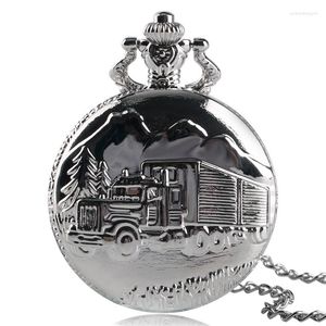 Pocket Watches Antique Silver Truck Design Fob Quartz Watch Pendant Necklace Clock Gift For Men Women Birthday Boys