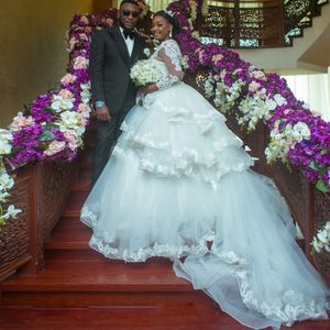 Africa Wedding Dress 2023 Tiered Tulle Ball Gown Bridal Gown Long Sleeve Beaded Layered Skirt Robe De Mariee