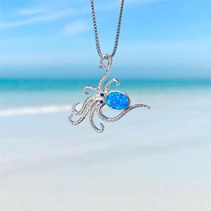 Hänge halsband söta djur bläckfisk halsband blå eld Opal Stone Dainty Silver Color Chain for Women Wedding Jewelrypendant