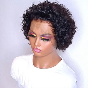 Pixie Cut Curly Bob peruca 13x4 Mal￡sia curta peruca de renda curta para mulheres negras Remy Hair Water Wave Transparent Lace Wig