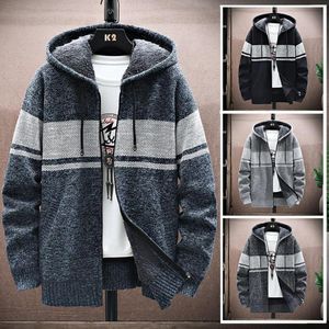 Herrjackor Autumn Winter Jacket Män varm huva kappa färgblock casual blixtlås Slim fit förtjockad plyschklänning stickkläder malemen's