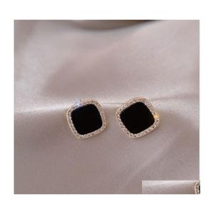 Charm Rhinestone Black Square Charms Needle Stud Earrings Korean Personality Geometric Small Earring For Women Anniversary Gift Drop Dhnwp