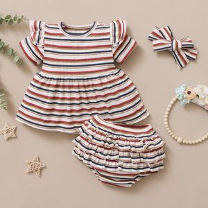 Clothing Sets #VW Girls Striped Printed Toddler Baby Short Sleeve O-Neck Tops Ruffle Shorts Headbands 3Pcs Outfits Summer Clothes