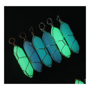 H￤nghalsband Hexagonal Pillar Crystal Necklace Glow in the Dark Luminous Wire Wrap Stone Craft Gift for Women Men Party Drop de Dhrny