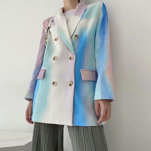 Women's Suits & Blazers Women 2023 Fashion Double Breasted Tie-dye Gradient Print Blazer Coat Vintage Long Sleeve Pockets Female Outerwear C