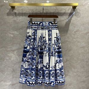 designer 2022 women summer a-line pleated skirts sexy dresses with vintage geometric print female milan runway cotton skirt midi clothing TGTL