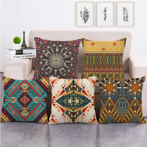 Cuscino con motivo azteco, design geometrico, fodera per divano in lino/cotone, custodia decorativa/decorativa