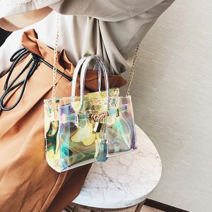 Modedesigner väska ny trend kvinnor färgglada transparent gelé pvc laser handväska axelkedja messenger väska reflektera strandparti mini handväskor plånbok handväska