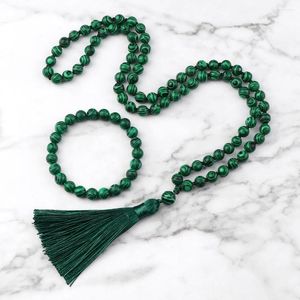 Pendant Necklaces Fashion Malachite Beaded Necklace 8mm Stone Handmade Knotted Tassel Jewelry Set Charm Men Bracelet Yoga Rosary